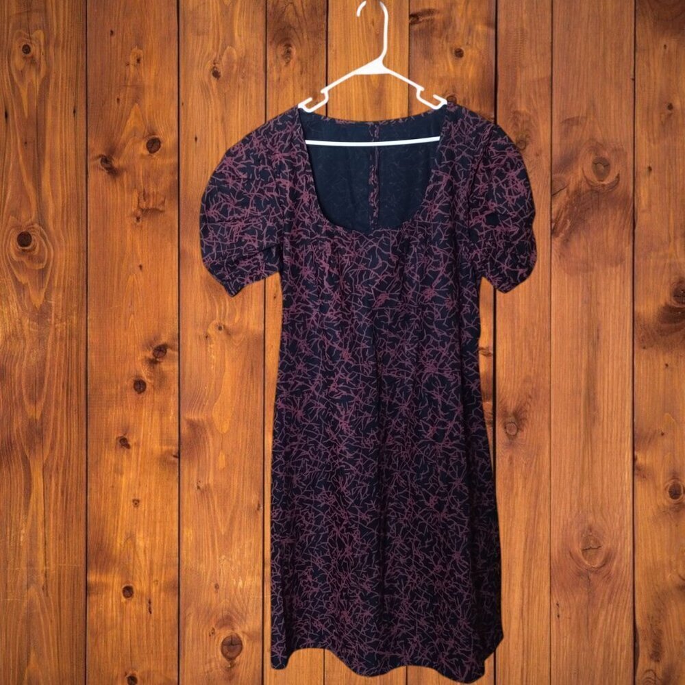 eShakti Size 2X Geometric Print Scoop Neck Dress Puff Sleeve Dark Romantic